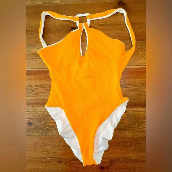Becca Swimwear | Tangerine High Neck Swimsuit | Micro-Ribbed | NWT Size Medium - Picture 1 of 4